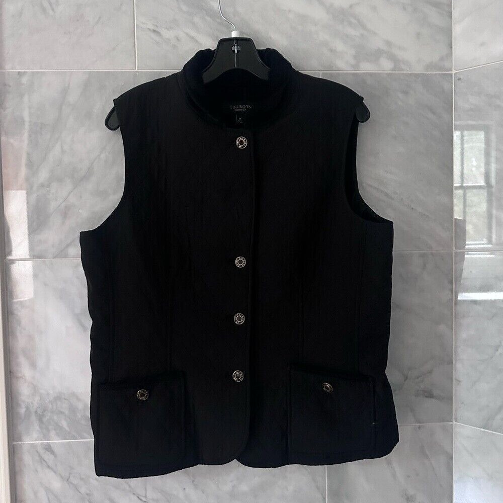 Talbots Womens Black Quilted Button Down Vest Jacket Size Medium